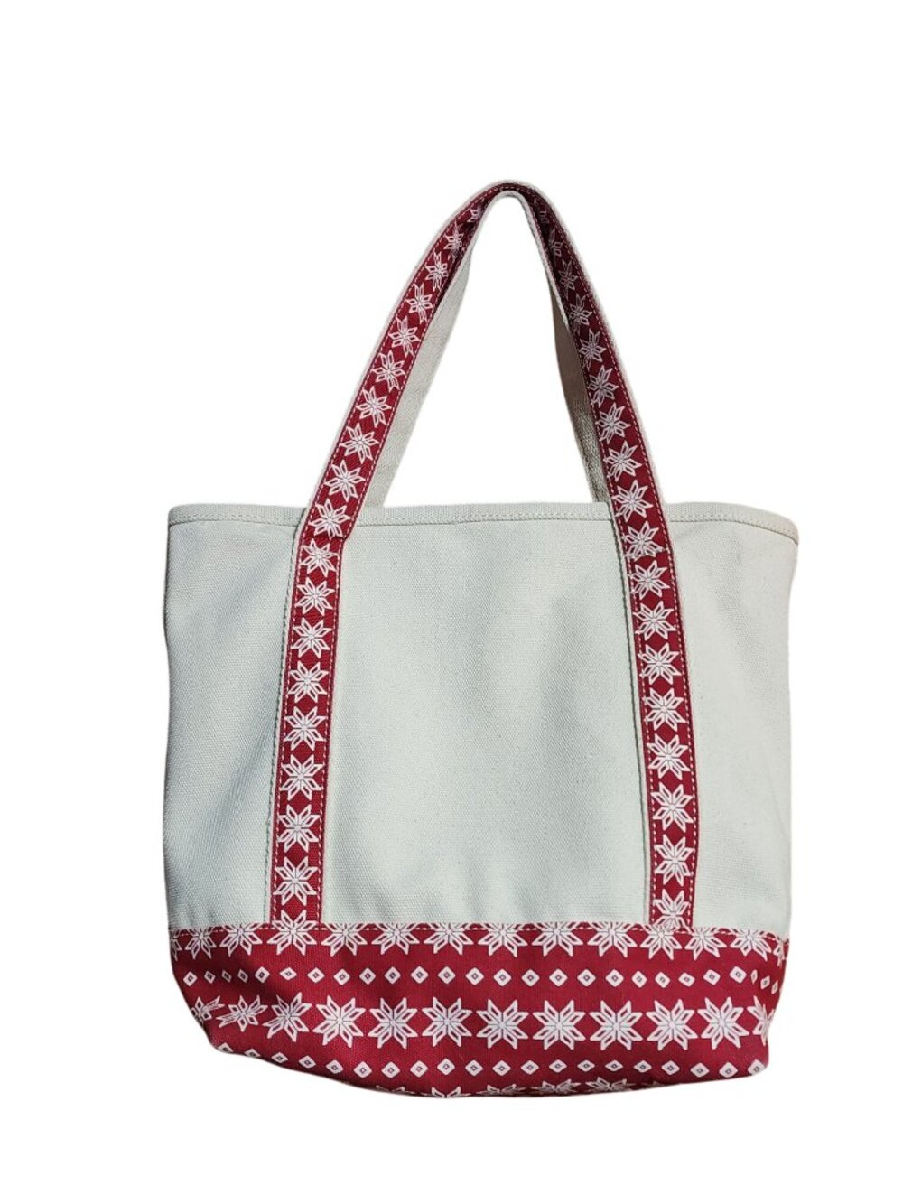 Lands End Canvas Tote Bag Red Snowflake Accents